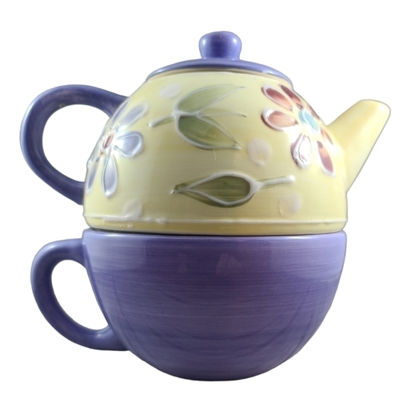 PERSONAL Nesting Teapot & Cup Pottery CIC Spring Flowers Yellow Purple China One - Picture 5 of 11